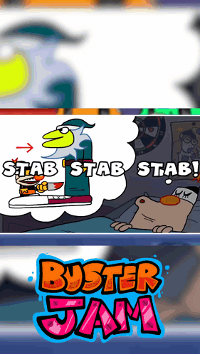 A Poster For Buster Jam With A Cartoon Of A Dog Sleeping GIF