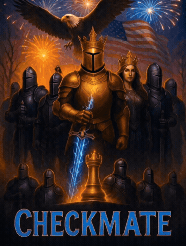 A Poster For Checkmate Shows A Knight With A Sword GIF