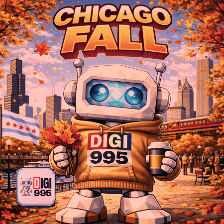 A Poster For Chicago Fall Shows A Robot Holding A Cup Of Coffee And A Bouquet Of Leaves GIF