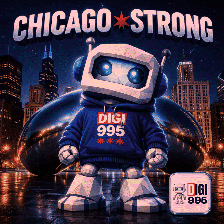 A Poster For Chicago Strong With A Robot Wearing A Sweatshirt That Says Digi 995 GIF