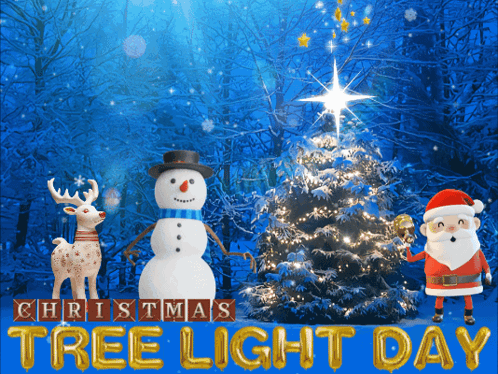 A Poster For Christmas Tree Light Day With A Snowman Reindeer And Santa Claus GIF