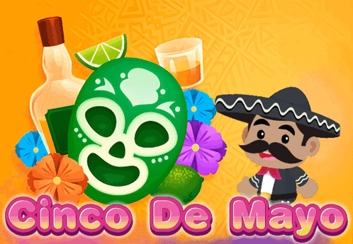 A Poster For Cinco De Mayo With A Cartoon Of A Mariachi GIF