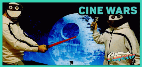 A Poster For Cine Wars Shows Two Men Holding Lightsabers GIF