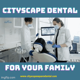 A Poster For Cityscape Dental Shows A Woman In A Dental Chair GIF