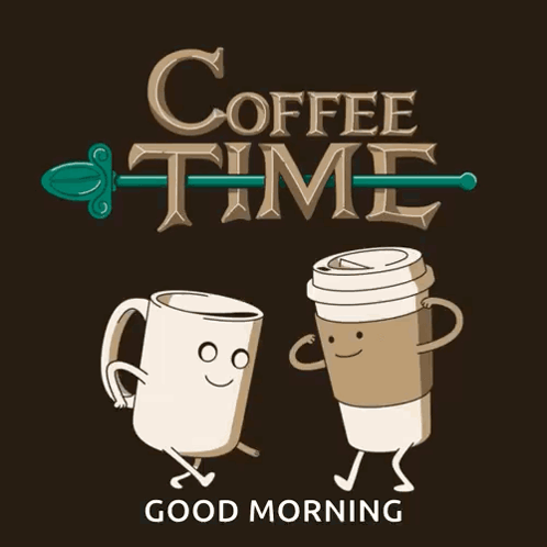 A Poster For Coffee Time Shows Two Cups Holding Hands GIF