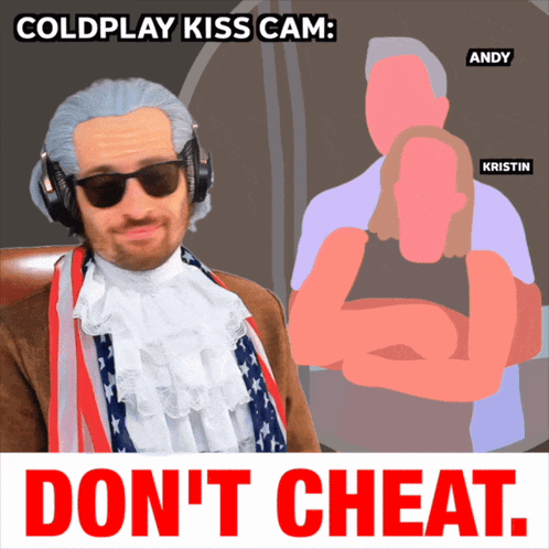 A Poster For Coldplay Kiss Cam With A Man In A Wig And Sunglasses GIF