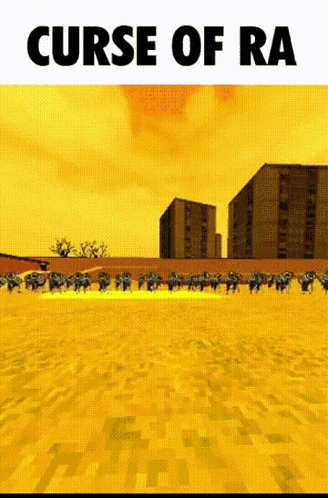 A Poster For Curse Of Ra Shows A Yellow Field With Buildings In The Background GIF