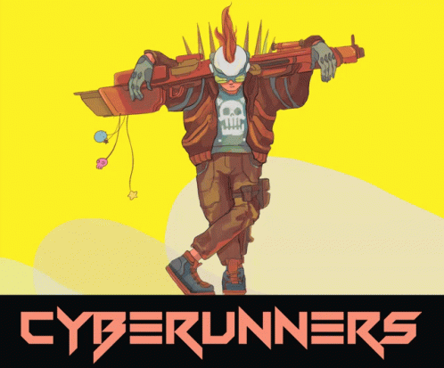 A Poster For Cyberrunners Shows A Man Carrying A Rocket On His Shoulder GIF
