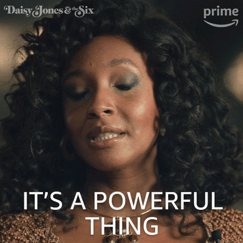 A Poster For Daisy Jones And The Six Shows A Woman With Curly Hair And The Words It 'S A Powerful Thing GIF