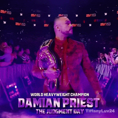 A Poster For Damian Priest Holding A World Heavyweight Champion Belt GIF