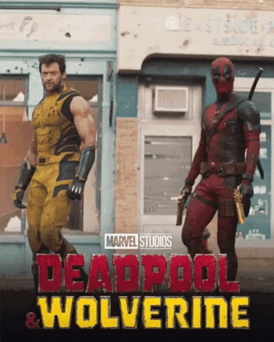 A Poster For Deadpool And Wolverine Shows Wolverine And Deadpool Standing Next To Each Other GIF