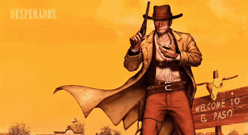 A Poster For Desperados Shows A Man Holding A Gun GIF