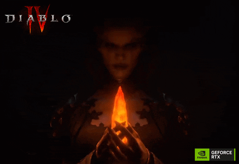A Poster For Diablo Iv With A Woman Holding A Flame GIF