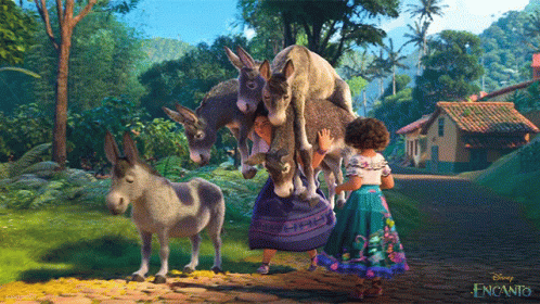 A Poster For Disney Encanto Shows A Girl Standing Next To A Bunch Of Donkeys GIF