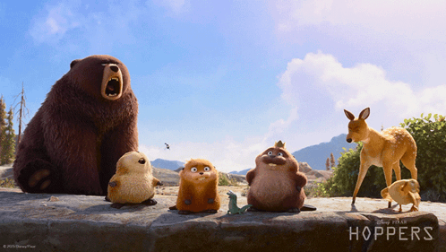 a poster for disney pixar 's hoppers shows a bear a deer and other animals