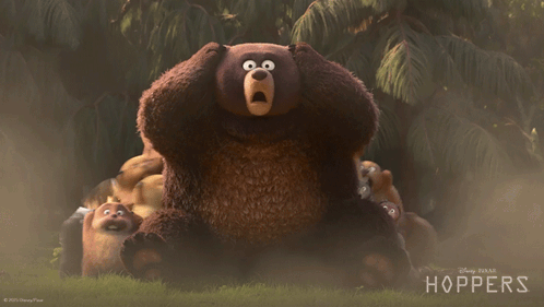 a poster for disney pixar 's hoppers shows a bear surrounded by a bunch of stuffed animals