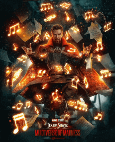 A Poster For Doctor Strange Multiverse Of Madness Shows A Man Surrounded By Music Notes GIF