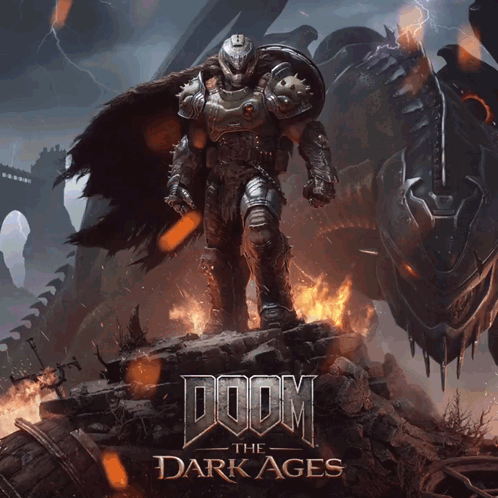 A Poster For Doom The Dark Ages With A Man In Armor GIF