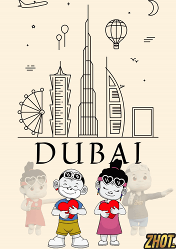 A Poster For Dubai With A Boy And Girl Holding Hearts GIF