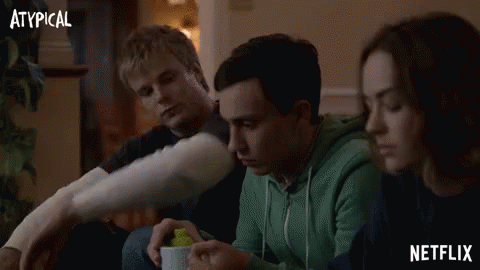 A Poster For Dude Nobody 'S Normal Shows A Group Of People Sitting On A Couch GIF