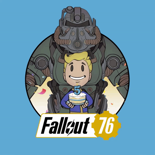 A Poster For Fallout 76 With A Robot And A Boy Holding A Cake GIF