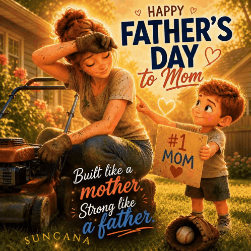A Poster For Father 'S Day Shows A Woman And A Boy Holding A Sign That Says # 1 Mom GIF