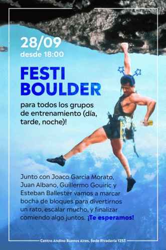 A Poster For Festi Boulder Shows A Man Climbing Up A Rock GIF