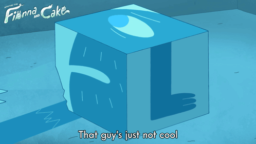 A Poster For Finna And Cake Shows A Blue Cube With A Face On It GIF
