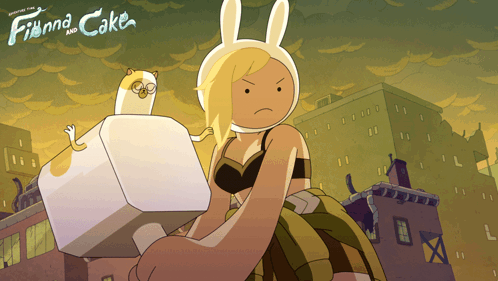 A Poster For Finna And Cake Shows A Cartoon Character And A Cat GIF