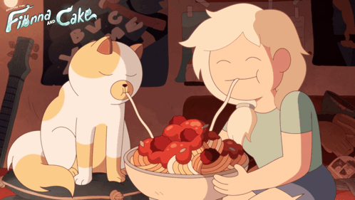 Finna And Cake Poster With Cat And Girl Eating GIF