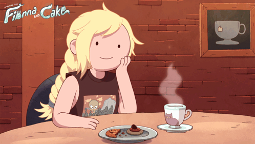 A Poster For Finna And Cake Shows A Girl Sitting At A Table With A Cup Of Tea GIF