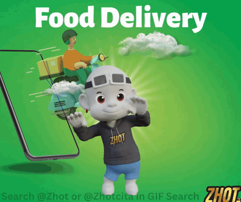 A Poster For Food Delivery With A Cartoon Character In Front Of A Cell Phone GIF