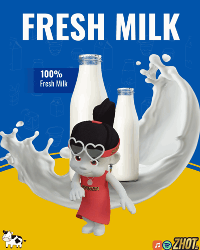 A Poster For Fresh Milk With A Cartoon Character GIF