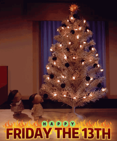 A Poster For Friday The 13Th With A Christmas Tree In The Background GIF