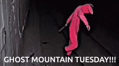 A Poster For Ghost Mountain Tuesday With A Person In A Pink Onesie GIF