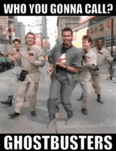 A Poster For Ghostbusters Shows A Group Of Men Running Down A Street GIF