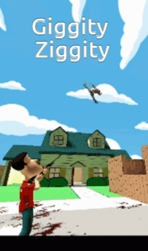 A Poster For Giggity Ziggity With A Man Holding A Gun GIF