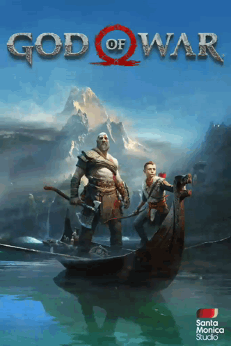 A Poster For God Of War Shows A Man And A Boy In A Boat GIF