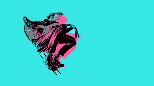 A Poster For Gorillaz The Now Now Shows A Man Holding A Guitar GIF