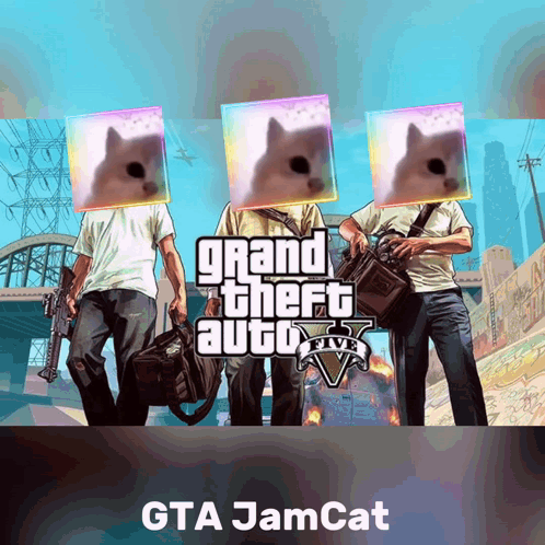 A Poster For Grand Theft Auto 5 Shows Three Men With Cats On Their Faces GIF