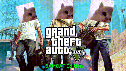 A Poster For Grand Theft Auto 5 Shows Three Men With Cats On Their Heads GIF