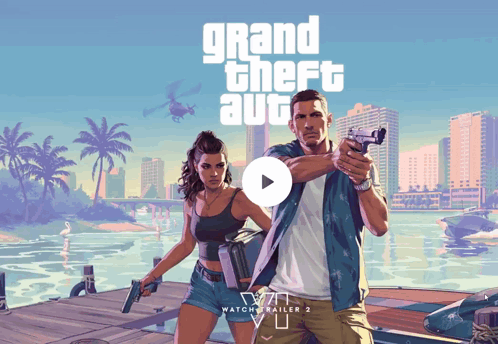A Poster For Grand Theft Auto With A Man And A Woman Holding Guns GIF