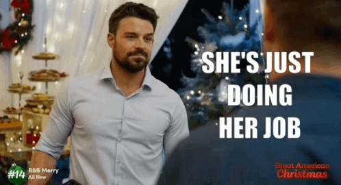 A Poster For Great American Christmas Shows A Man Talking To A Woman GIF