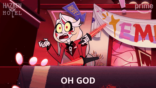 A Poster For Hazbin Hotel Shows A Cartoon Character Holding A Cone And Says Oh God GIF