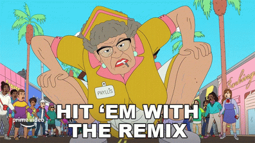 a poster for hit ' em with the remix shows an old lady