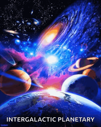 A Poster For Intergalactic Planetary Showing Planets And A Galaxy GIF