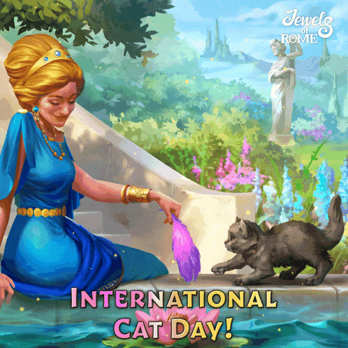 A Poster For International Cat Day With A Woman And Cat GIF