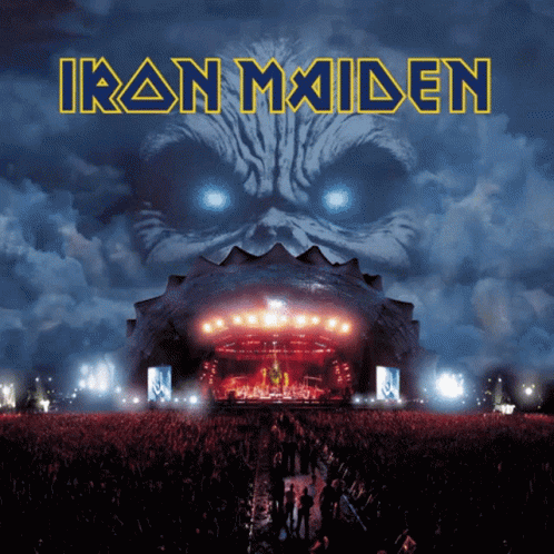 A Poster For Iron Maiden Shows A Crowd Of People Gathered In Front Of A Stage GIF