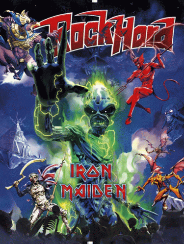 A Poster For Iron Maiden Shows A Skull With A Hand Up GIF