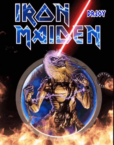 A Poster For Iron Maiden With A Picture Of A Skeleton GIF